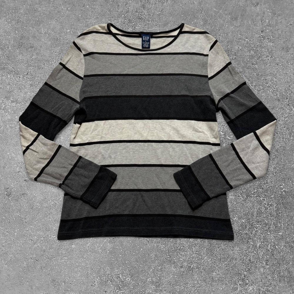 Gap Womens Horizontal Striped Long Sleeve Crew Neck Shirt Black Gray White L